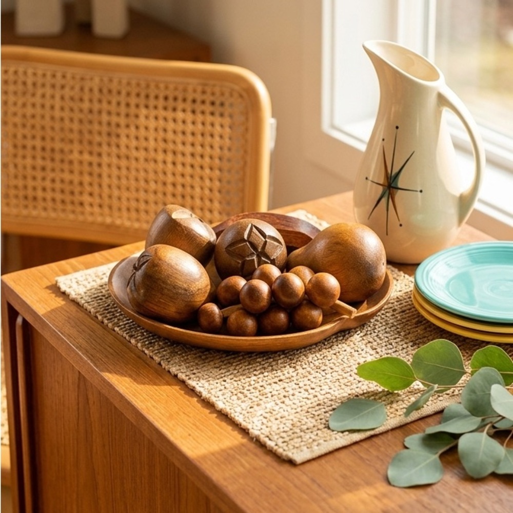Mid Century Modern Carved Wood Fruit Centerpiece